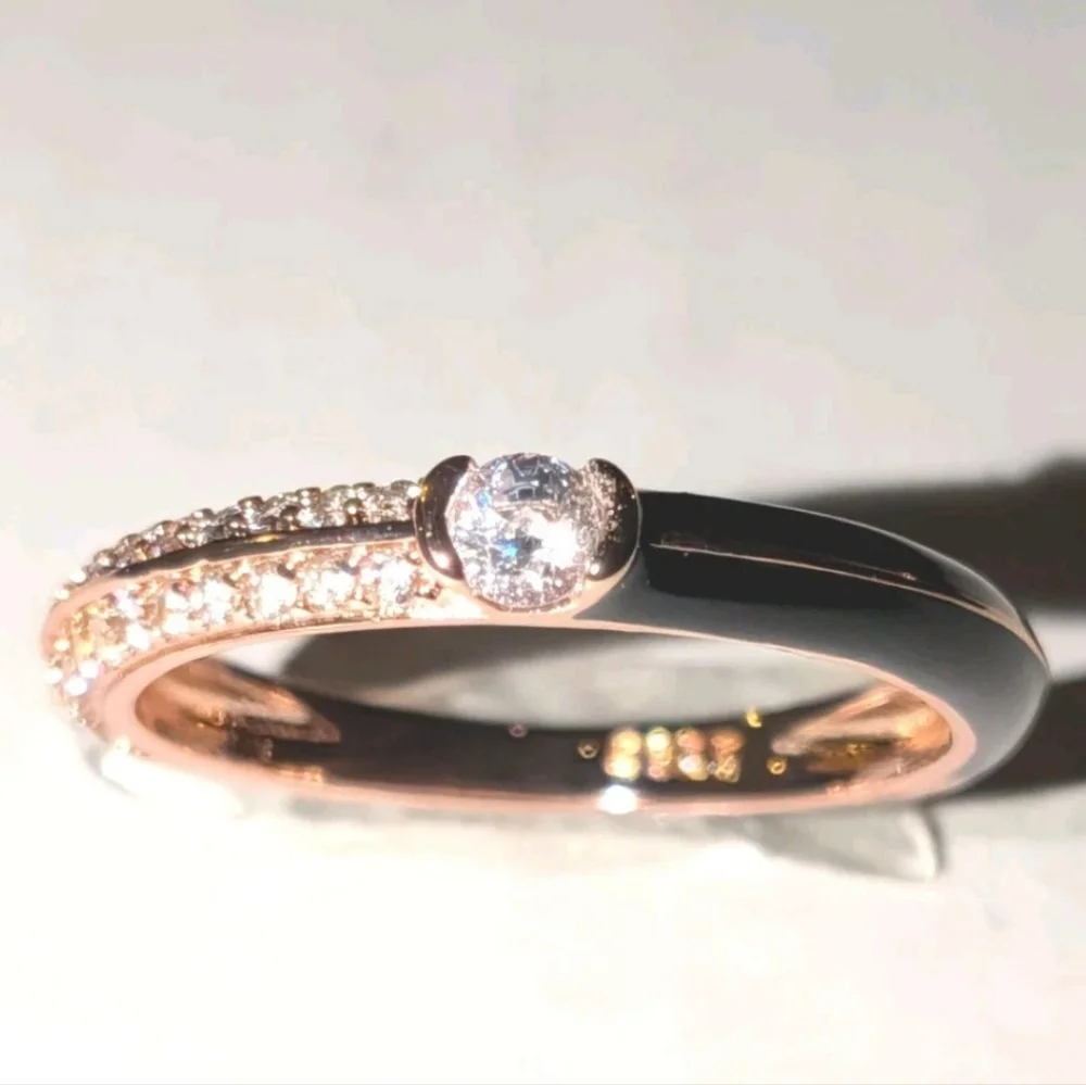 Women's 925 Sterling Silver Pavé BlackGolden Dual Cubic Zirconia Dainty Ring Sz6 - Picture 5 of 17
